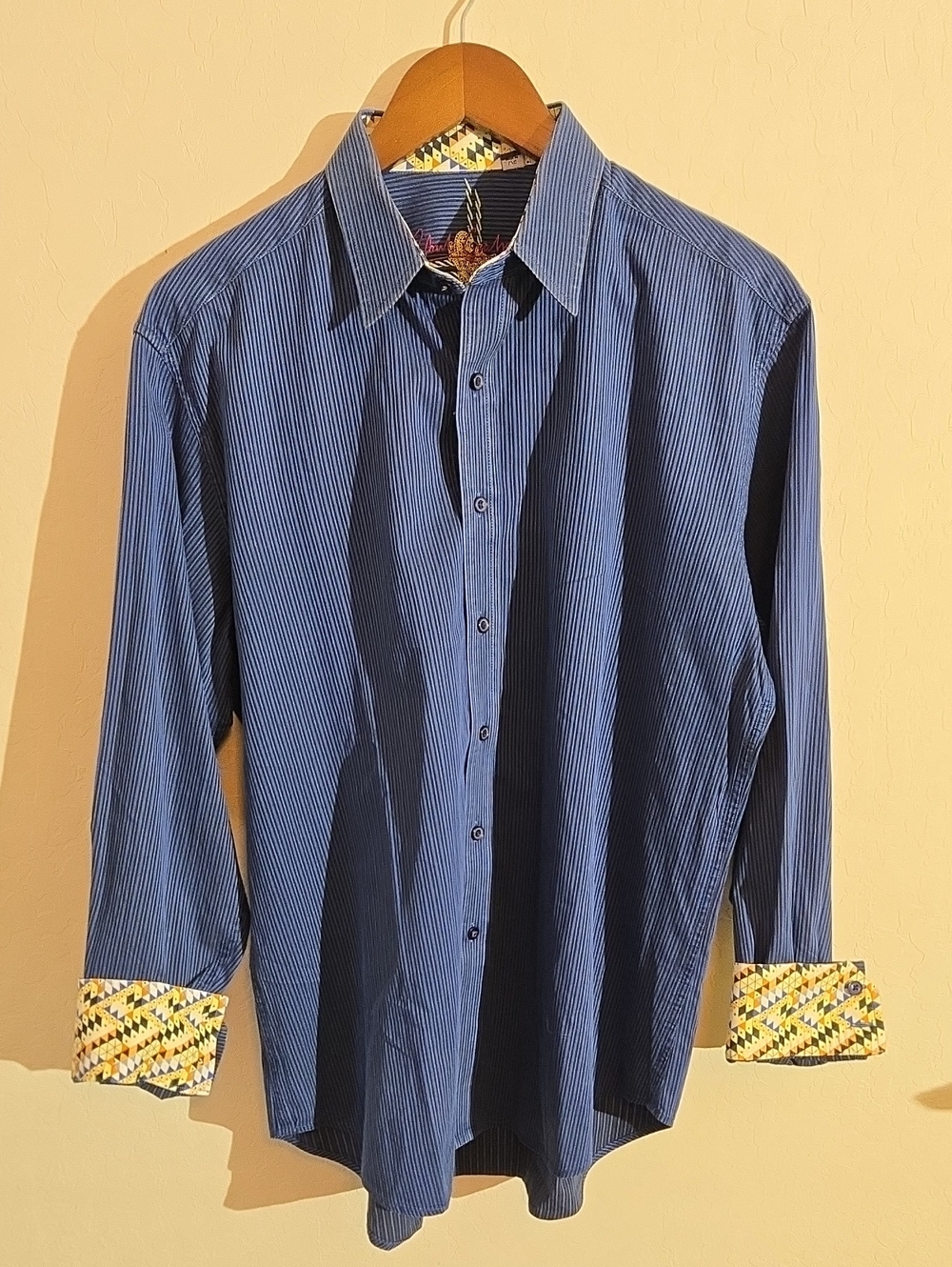 Robert Graham Men's Blue Pinstripe Dress Shirt with Contrast Cuffs